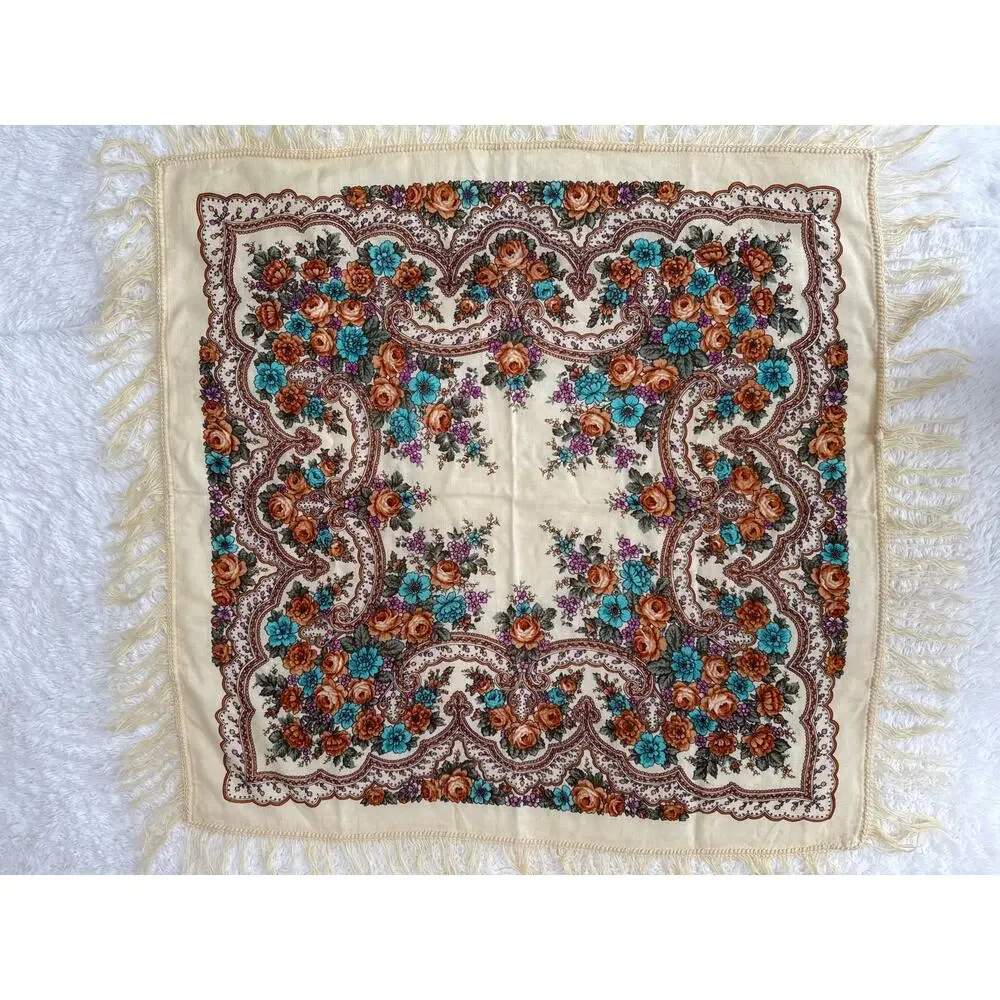 1970s Vintage Floral Hand-Knotted Fringe Shawl Scarf Boho Folk Cotton Wrap